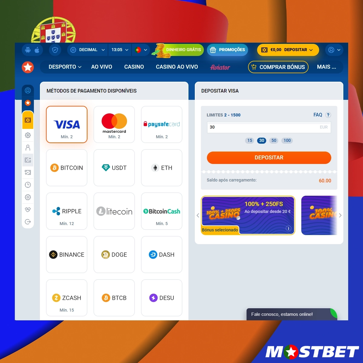 Visão geral das opções de depósito e levantamento na Mostbet