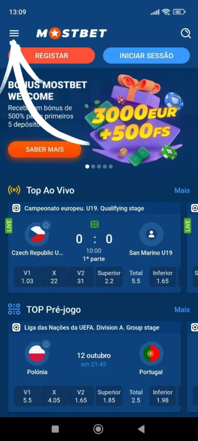 Aceda ao menu do sítio clicando nas três barras brancas no canto superior direito, passo 3