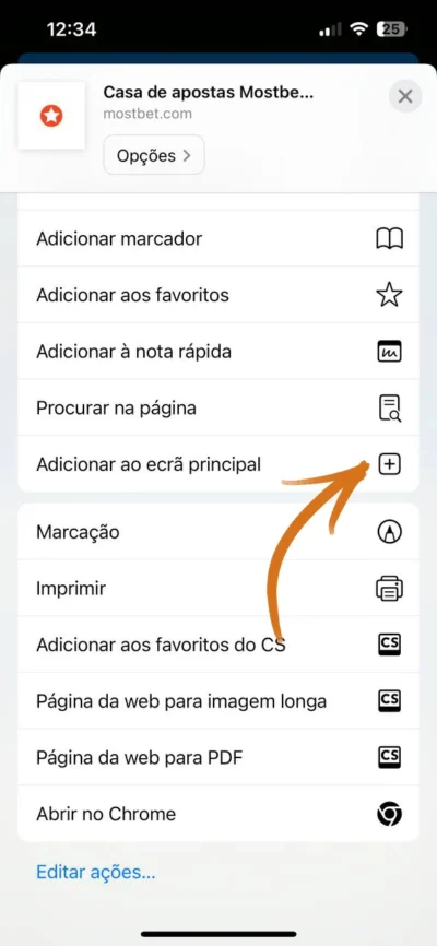 Selecionar o ecrã inicial para instalar a aplicação Mostbet, passo 4